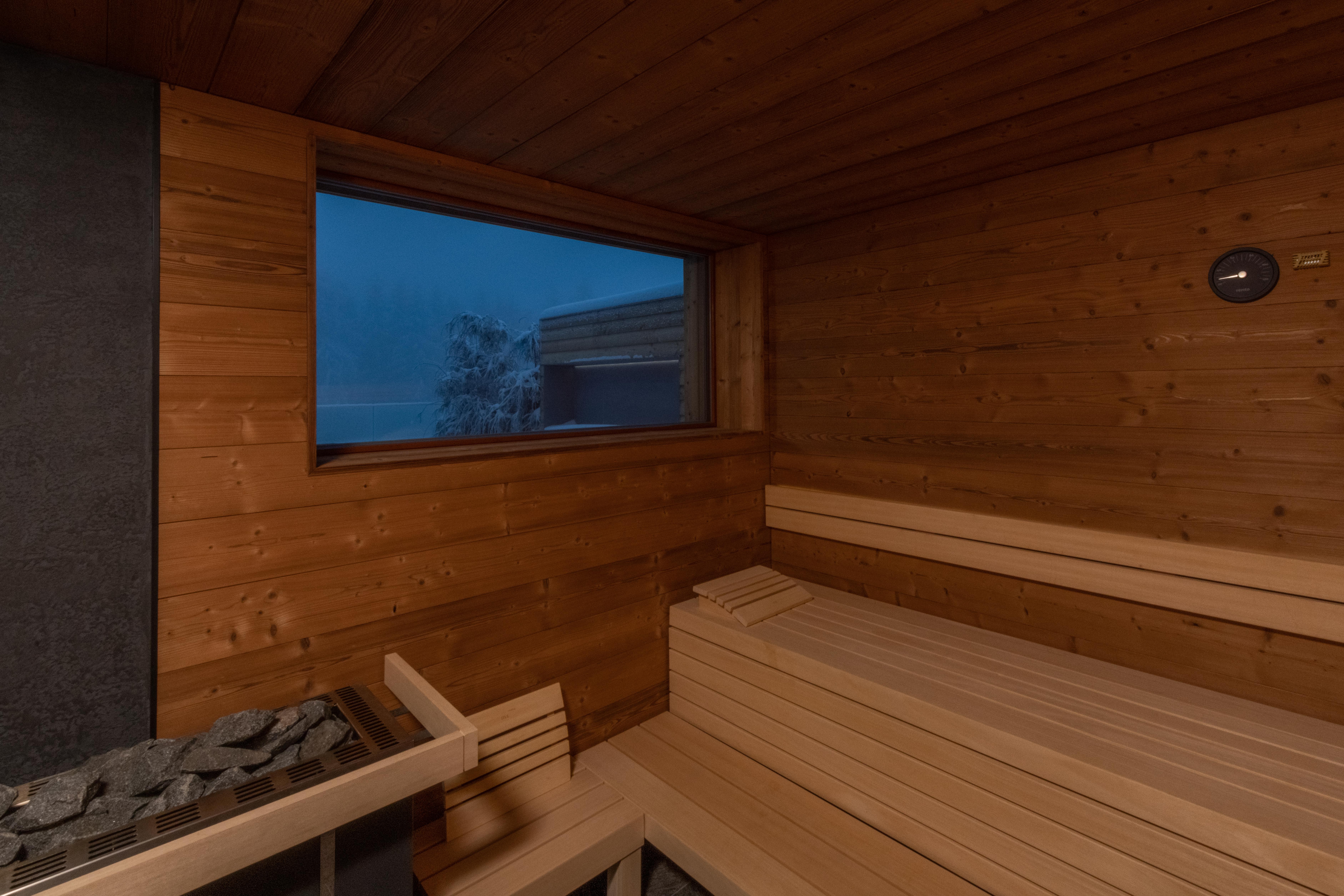 Sauna TAO with window in luxury hotel wellness