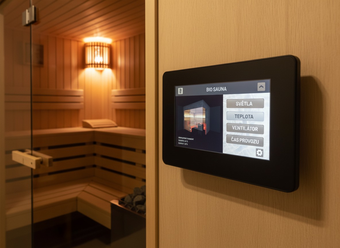 Primo piano di un pannello di controllo touchscreen nero per una bio-sauna, montato su una parete in legno chiaro. Attraverso il vetro aperto sullo sfondo, è visibile la cabina sauna illuminata con panche in legno e stufa per sauna.